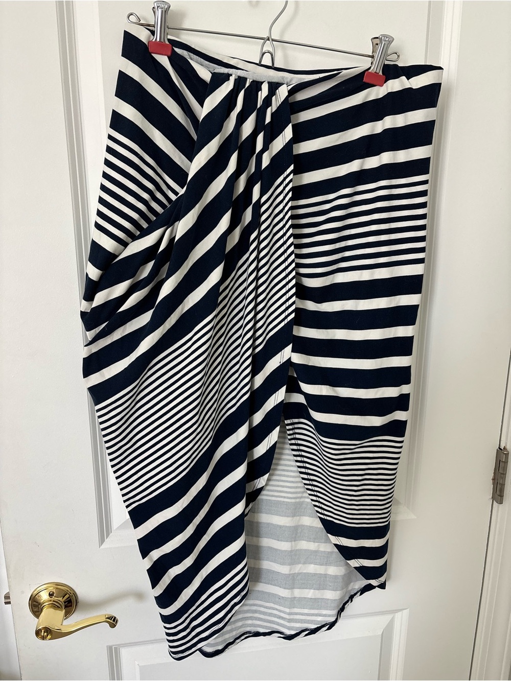 Y2K Navy Blue White Striped Asymmetrical Hi-Lo Wrap Maxi Skirt L